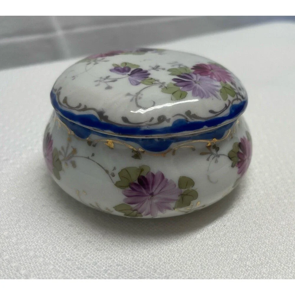Vintage Covered Trinket Box w/ Lid Hand Painted Flowers Gift Decor Cottagecore